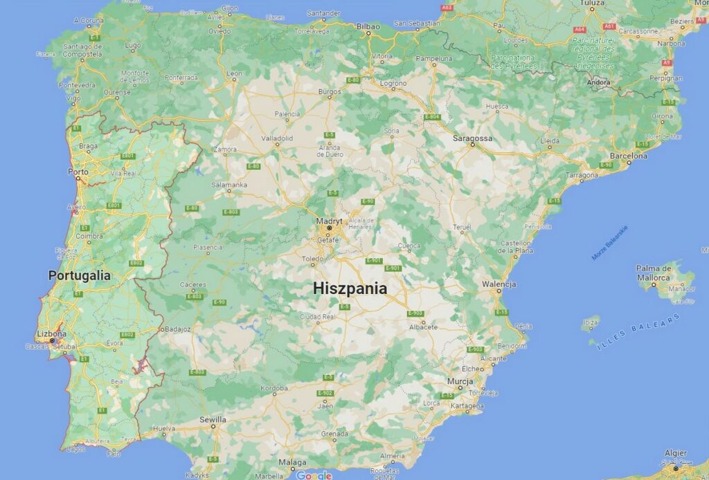 mapa Portugalii i Hiszpanii
