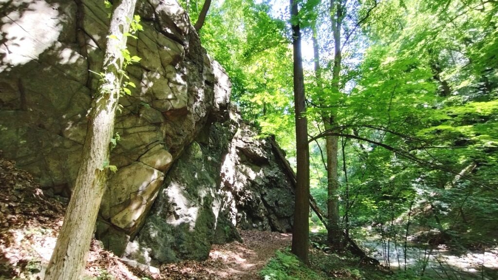 Zamek Stary Książ. Ścieżka wiedzie między Pełcznicą, a pionowymi skałami